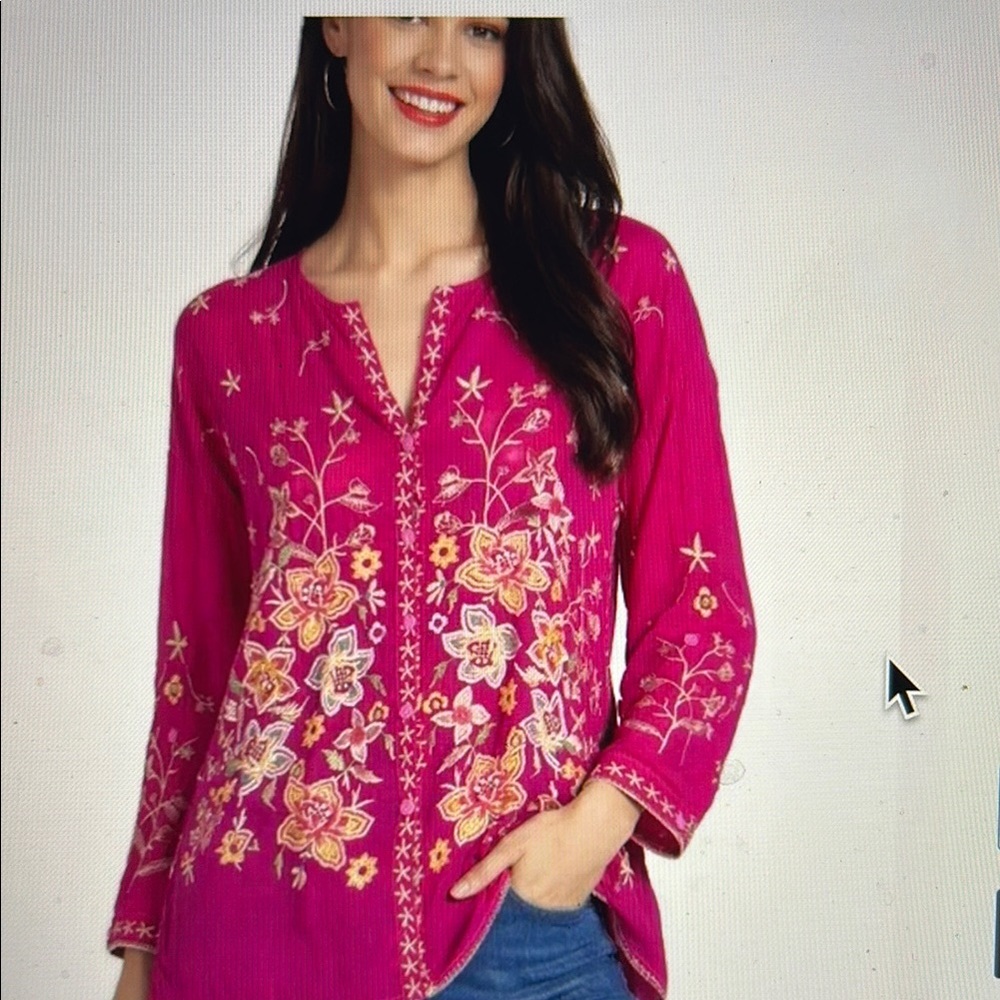 JOHNNY WAS Jenai Fushia Embroidered Buttondown Blouse
